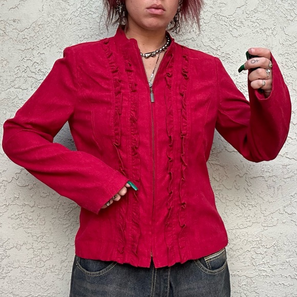 Y2k Red Velvet Zip Up Ruffle Long Sleeve Top or Jacket - Picture 5 of 10